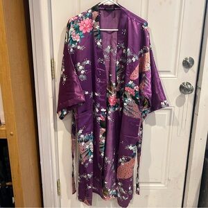 Purple floral and peacock kimono robe